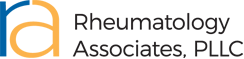 Rheumatology Associates logo is a blue lowercase letter R adjacent to a yellow lower case letter A with black copy spelling out Rheumatology Associates PLLC